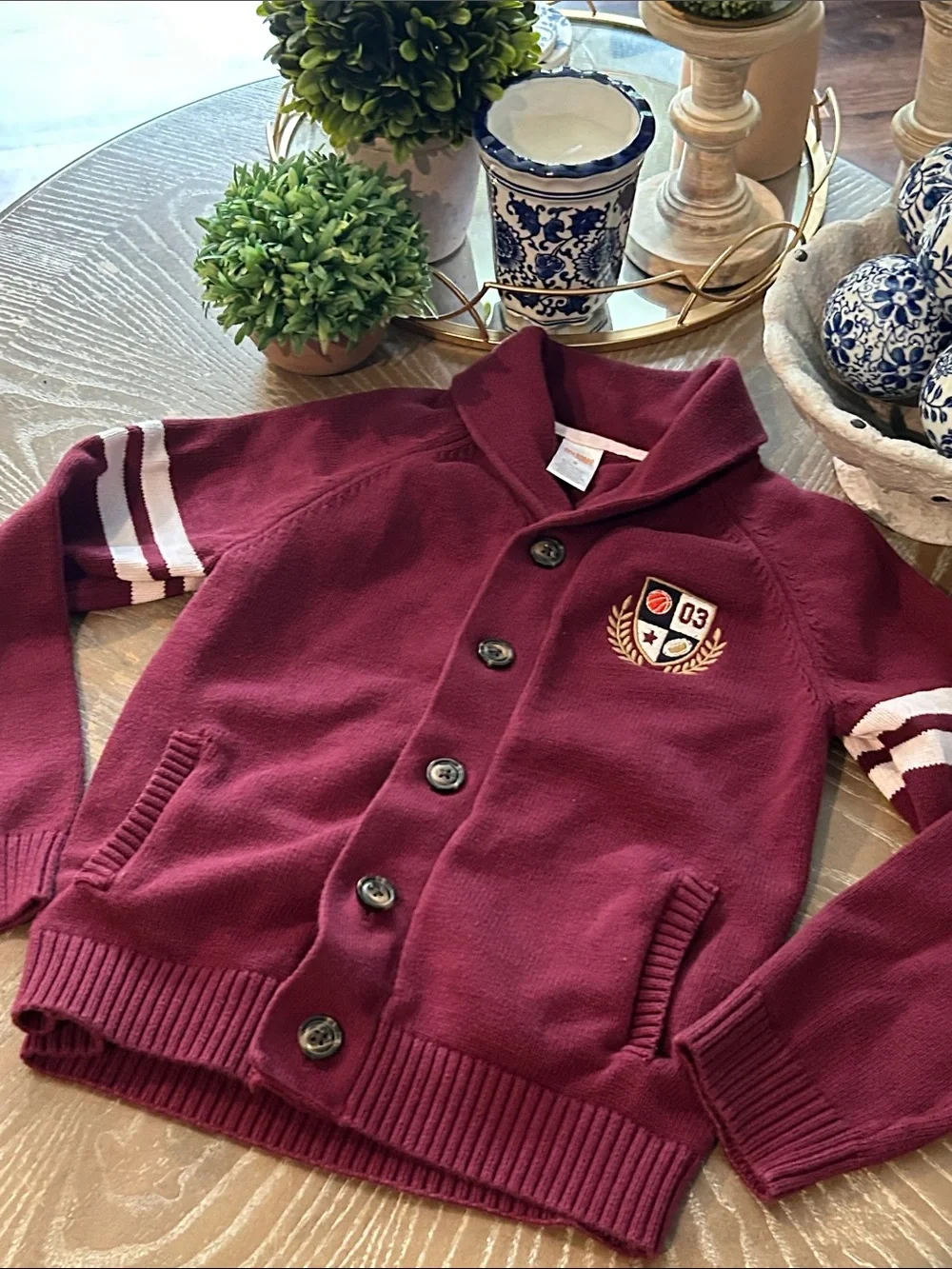 Gymboree Burgundy Button Up Cardigan Sweater Varsity Football Basketball Crest